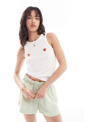 Pieces - Racer Neck Vest Top With Embroiderd Strawberry Placement - Lyst