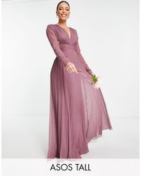 ASOS Asos Design Tall Bridesmaid Ruched Waist Maxi Dress With Long Sleeves And Pleat Skirt - Purple