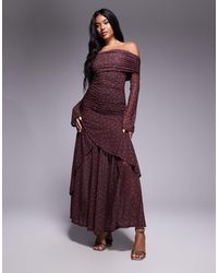 ASOS - Stretch Chiffon Long Sleeve Bardot Maxi Dress With Ruffle Hem - Lyst