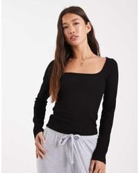 Miss Selfridge - Geribbelde Top Met Lange Mouwen En Vierkante Hals - Lyst