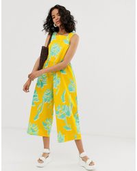 ASOS Minimal Jumpsuit With Ruched Waist In Floral Print - Yellow