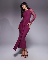 ASOS - Robe longue en tulle à manches longues et dos ouvert avec encolure bateau et détail drapé - prune - Lyst