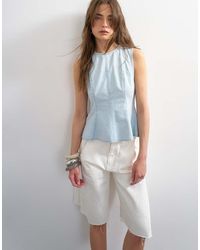 TOPSHOP - Denim Seamed Peplum Top - Lyst