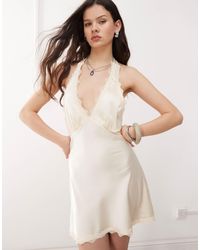 Lioness - Stars Align Satin Lace Trim Halterneck Plunge Mini Slip Dress - Lyst