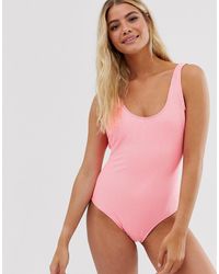 Brave Soul Gestreept Badpak Met Lage Ronde Achterkant - Oranje