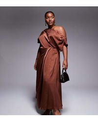 ASOS - Asos Design Curve Exclusive Satin Fallen Shoulder Shoulder Side Split Midi Dress - Lyst