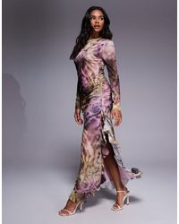 ASOS - – langärmliges a-linien-maxikleid aus mesh mit gerafften details und tierfellmuster - Lyst