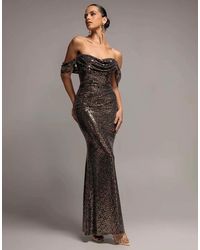 Goddiva - Sequin Sparkling Off Shoulder Cowl Bardot Maxi Dress - Lyst