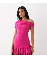 Kaiia - Exclusive Textured Mesh Drape Off Shoulder Rara Hem Mini Dress - Lyst