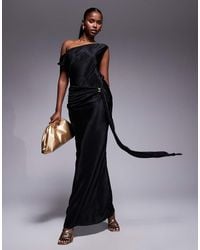 ASOS - Twist Fallen Shoulder With Ruching Drape Detail Plisse Maxi Dress - Lyst