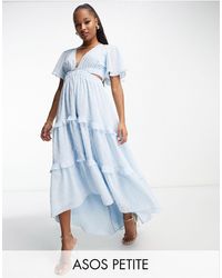 ASOS - Asos Design Petite Angel Sleeve Plunge Textured Tiered Maxi Dress With Cut Out And Rouleaux Detail - Lyst