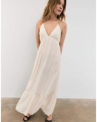 Stradivarius - Long Crepe Dress With Beading Straps - Lyst