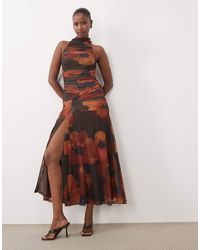 Bardot - Mesh High Neck Ruched Side Thigh Split Maxi Dress - Lyst