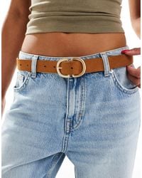 Pieces - Ceinture en daim à boucle double dorée - cognac - Lyst