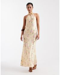 New Look - Floral Corsage Halterneck Satin Midi Dress - Lyst