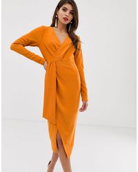 ASOS Midi-jurk Met Overslag, Lange Mouwen En Ceintuur - Oranje