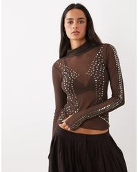 AFRM - Zadie Top Van Mesh Met Hoogsluitende Hals, Lange Mouwen En Studs - Lyst