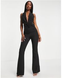 ASOS Tux Halter Cut Out Belted Jumpsuit With Flare Leg - Black