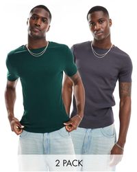 ASOS - Confezione da 2 t-shirt attillate antracite e verde scuro a coste - Lyst