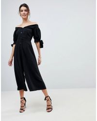 ASOS Asos Tea Jumpsuit With Off Shoulder Detail And Tie Sleeve - Black