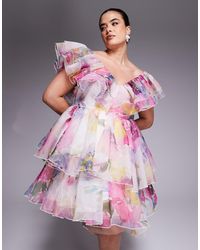 ASOS - Curve – kurzes babydoll-kleid aus organza mit rüschen und verschwommenem blumenmuster - Lyst