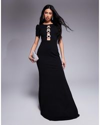 Goddiva - Diamante Embellished Heart Brooch Maxi Dress - Lyst