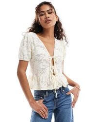 Miss Selfridge - Lace Puff Short Sleeve Tie Front Top - Lyst