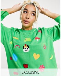 Native Youth Big Boy Oversized Sweatshirt With Cute Badge Embroidery - Green