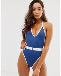 Free Society Maillot 1 pièce super échancré à passepoils contrastants - Bleu