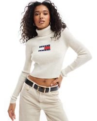 Tommy Hilfiger - Top Blanco Hueso De Manga Larga Con Cuello Alzado De Punto De - Lyst
