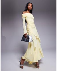 ASOS - Stretch Chiffon Long Sleeve Bardot Maxi Dress With Ruffle Hem - Lyst