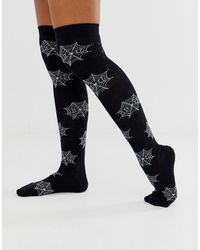 ASOS Halloween Cobweb Over The Knee Socks In Black And White