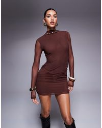 ASOS - Long Sleeve High Neck Mesh Mini Dress With Curved Ruched Skirt - Lyst