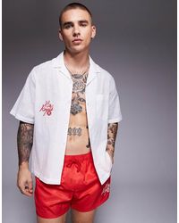 ASOS - Overhemd Met Linnenlook, Reverskraag En Rood Borduursel Op De Borst, Deel Van Co-Ord Set - Lyst