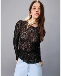 Bershka - Long Sleeve Lace Frill T-shirt - Lyst