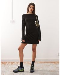Weekday Mini Long Sleeve Linen Blend Dress in Black | Lyst UK