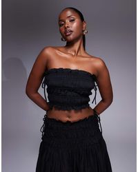 Wanderdoll - Soulie Linen Look Ruffle Trim Tie Detail Shirred Bandeau Top Co-ord - Lyst