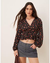 Mango - Tie Front Rose Print Blouse - Lyst