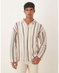 ASOS - – langärmliges oversize-polohemd aus häkelstrick mit neutralen steifen - Lyst