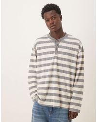 ASOS - T-shirt épais oversize à manches longues et col boutonné - gris rayé - Lyst