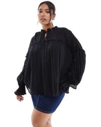 ASOS - Asos Design Curve Tie Neck Ruffle Detail Crinkle Long Sleeve Smock Top - Lyst