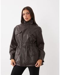 Kaiia - Exclusive Faux Leather Funnel Neck Cinche Waist Jacket Co-ord - Lyst