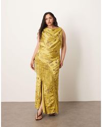 ARRANGE - Curve Embroidered Satin Drape Midi Dress With Fringe - Lyst