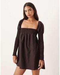 ASOS - Mini Jurk Met Lange Mouwen, Knopen Aan De Voorkant En Gesmokte Buste - Lyst