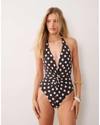 Mango - Deep V Tie Neck Ruched Polka Dot Swimsuit - Lyst