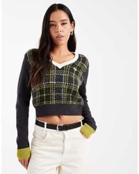 Fred Perry - Jersey Gris Oscuro A Cuadros Escoceses Con Cuello De Pico De - Lyst