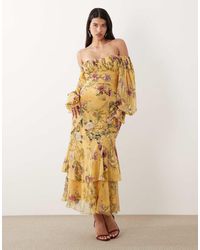 ASOS - Bardot Ruffle Maxi Dress With Tiered Godets And Blouson Sleeves - Lyst