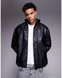 ASOS - Chaqueta Bomber Negra Acolchada De Cuero Sintético De - Lyst