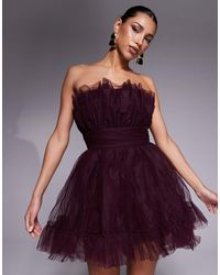 LACE & BEADS - Vestido Corto Color Ciruela Con Diseño Estructurado Y Escote Palabra De Honor De Tul De -Morado - Lyst