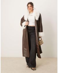 ASOS - Asos Design Curve Faux Fur Collar And Cuff Longline Leather Look Coat - Lyst